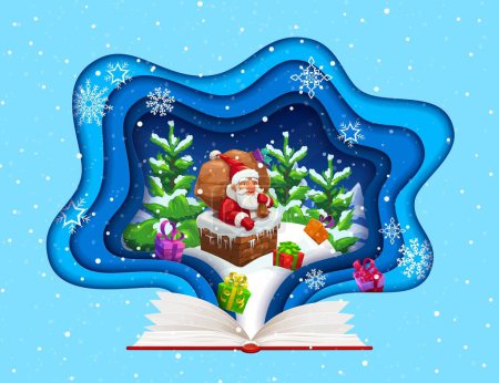 Illustration for Christmas paper cut greeting card. Fairytale book and Santa on roof. Cartoon vector double exposition 3d xmas holidays frame with funny father noel stuck with gifts bag in cottage chimney at xmas eve - Royalty Free Image