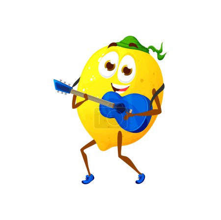 Illustration for Cartoon lemon character strums guitar, fruit play rock music. Vector yellow citrus with happy face expression wear green bandana holding blue string instrument. Summer, music fun or leisure - Royalty Free Image