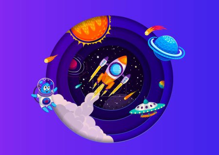 Illustration for Paper cut banner, cartoon space rocket launch, UFO and alien between planets, vector background. Galaxy universe in cartoon paper cut with spaceship in starry sky and asteroids in cut out layers - Royalty Free Image