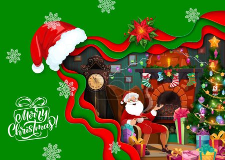 Téléchargez les illustrations : Cartoon Santa dans la chaise près de la cheminée avec des cadeaux. Papier de Noël coupé. Carte de vœux vectorielle effet 3d avec cadre en couches, chapeau, Père Noel se détendre sur chaise à la maison dans la nuit festive. Fête de Noël - en licence libre de droit