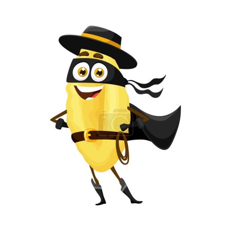 Illustration for Cartoon gnocchetti sardi italian pasta food superhero character fighting to save the world from blandness. Isolated vector playful macaroni personage in black zorro hat, mask and cape armed with lasso - Royalty Free Image