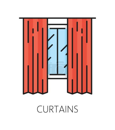 Illustration for Curtains, furniture icon for home interior or room design element, vector line pictogram. Window curtains or drapes outline icon for living room, house or apartment bedroom interior design object - Royalty Free Image