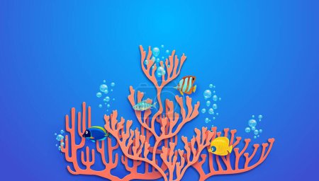 Ilustración de Corales cortados con papel de mar y peces tropicales sobre fondo vectorial de agua del océano azul. Pez mariposa de banda de cobre de dibujos animados, pez espiga azul y amarillo nadando con burbujas cerca de corales de rama en capas de corte en papel 3d - Imagen libre de derechos