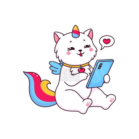 Illustration for Cartoon cute caticorn cat or kitten character texting on mobile phone. Vector personage of white unicorn cat or kitty animal sanding text message with love heart. Caticorn with rainbow horn and tail - Royalty Free Image