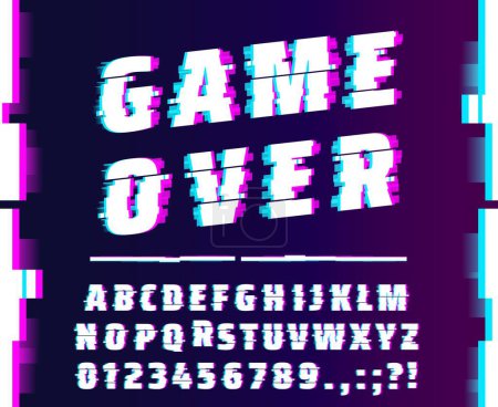 Illustration for Glitch effect font, futuristic cyber type, display screen failure typeface, digital noise dynamic english alphabet. Vector typography, distorted letters and numbers font for cyberpunk and space game - Royalty Free Image