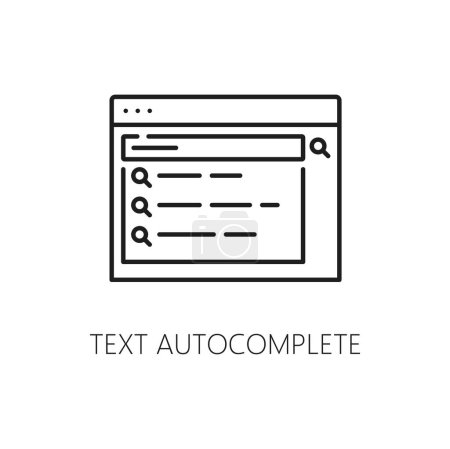 Illustration for Text autocomplete. Serp icon. Search engine result page. Isolated vector linear sign, displays suggestions as users type, enhancing efficiency, offering quick access to search results and information - Royalty Free Image