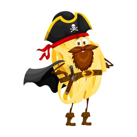 Illustration for Cartoon tagliatelle italian pasta pirate character. Italian noodle privateer comical personage, Italy cuisine meal corsair or tagliatelle pasta pirate isolated vector childish mascot in tricorn hat - Royalty Free Image