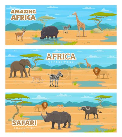 Ilustración de Safari park or hunting sport, African animals in savanna, vector hunt or Africa zoo banners. Sabana africana con jirafa salvaje, cebra y león, hipopótamo con rinoceronte, antílope y guepardo - Imagen libre de derechos