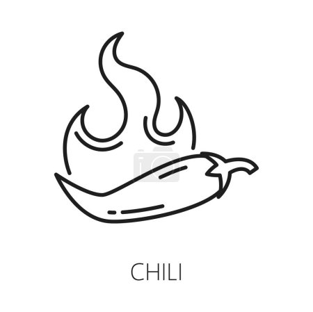 Ilustración de Cayena pimienta larga con fuego ardiente aislado picante icono de contorno de chile. Vector Nahuatl o pimienta tailandesa o chile largo de cayena, comida vegetariana picante - Imagen libre de derechos