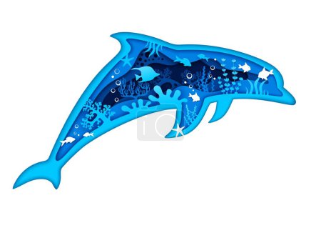 Illustration for Blue dolphin silhouette with sea paper cut underwater landscape. Ocean wildlife, environmental and animal day or underwater life papercut 3d vector background with fish shoal, coral and seaweed plants - Royalty Free Image