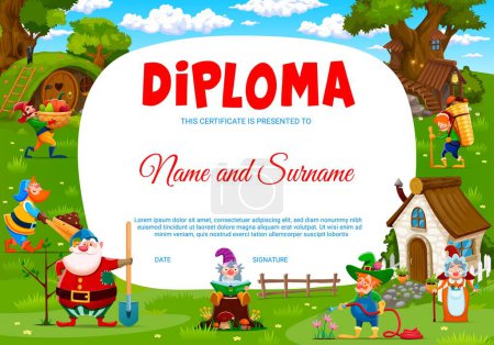 Illustration for Kids diploma with cartoon fairytale funny gnomes, vector education certificate. Little dwarfs and magic gnomes in fairy tale forest village for school or kindergarten diploma award background - Royalty Free Image