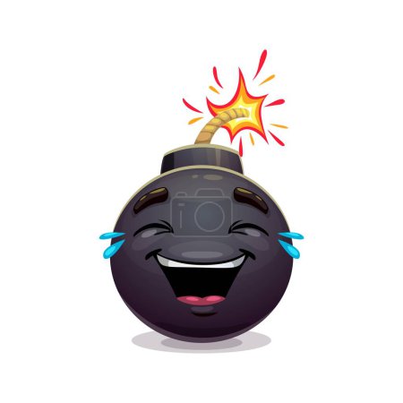Illustration for Cartoon bomb character. Explosive, weapon personage with a burning fuse laughs uncontrollably, tears streaming down its face. Isolated vector mischievous tnt ball embodying playful sense of humor - Royalty Free Image