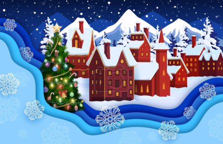 Téléchargez les illustrations : Carte de voeux coupée en papier de Noël. Caricature hiver ville enneigée, sapin de Noël et flocons de neige double exposition. Bâtiments de maisons vectorielles, lumières de Noël, boules et paysage de neige avec bordure en couches 3D - en licence libre de droit