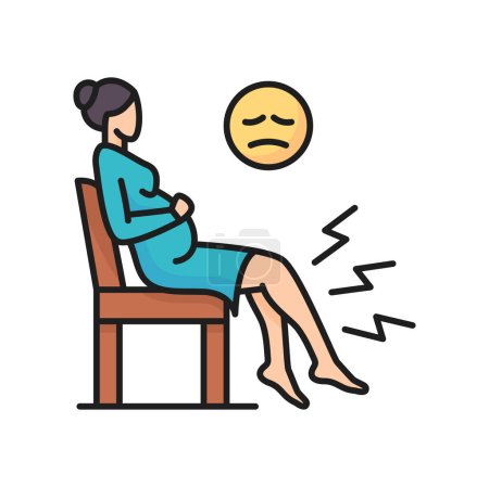 Illustration for Abnormal blood pressure, weak valves, woman sitting on chair color line icon. Vector lady with edema and swelling pain in legs, varicose veins - Royalty Free Image