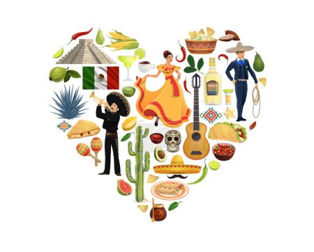 Coeur mexicain avec cuisine nationale, personnages et articles de vacances, bannière de voyage mexicaine vectorielle. Cactus, pyramide aztèque et tequila avec pinata, culture mexicaine ou sites touristiques, taco et guitare