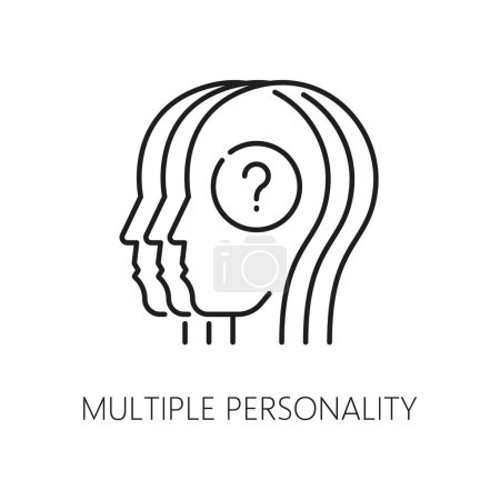 Illustration for Multiple personality, psychological disorder problem and mental health icon, vector outline. Multiple personality disorder or dissociative split identity mental problem icon of question in person head - Royalty Free Image