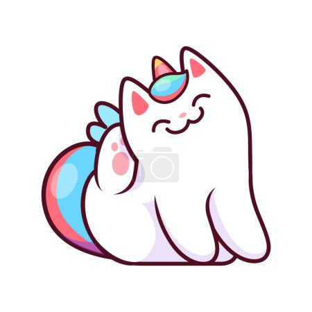 Illustration for Cartoon kawaii caticorn cat or kitten pet character. Cute caticorn personage, fantasy kitten or magical unicorn cat isolated vector childish character or happy smiling mascot scratching behind ear - Royalty Free Image
