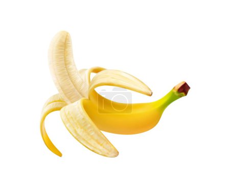 Ilustración de Plátano maduro realista fruta entera con la cáscara abierta, su piel amarilla vibrante y suave carne picante, promete dulce, indulgencia cremosa. Listo para ser pelado y saboreado, un sabor de deleite tropical espera - Imagen libre de derechos