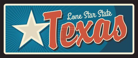 Ilustración de Placa de viaje del estado de Texas, cartelera de metal vintage de Estados Unidos. Signo viejo de los E.E.U.U., cartel con la estrella solitaria, vector retro de la inscripción de la tipografía. Austin capital, Houston antigua placa - Imagen libre de derechos