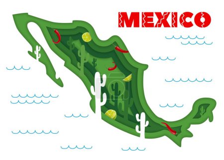 Illustration for Paper cut map of Mexico with Mexican cactus, limes and chili peppers, vector silhouette. Mexican travel, tourism or holiday and celebration fiesta papercut map with traditional landmarks and cuisine - Royalty Free Image