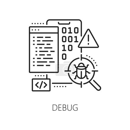 Illustration for Debug, web app develop and optimization icon of software testing, line vector. Mobile app UI or phone web application UX software debugging test for technical errors and performance evaluation - Royalty Free Image
