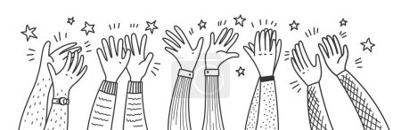 Illustration for Doodle applause hands of people clapping or happy audience, cartoon vector background. Hands up applauding for success with stars on concert, celebration or congratulation, support and greeting bravo - Royalty Free Image