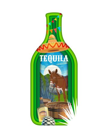 Illustration for Paper cut Mexican tequila bottle. Vector 3d papercut frame in shape of glass flask with intricately crafted layers, donkey in desert, sombrero, wooden barrels with drink and agave plant of Mexico - Royalty Free Image