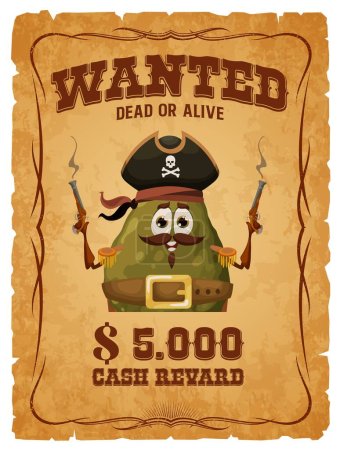 Cartoon avocado pirate captain character on western wanted banner with reward. Fearsome fruit marauder with a guacamole obsession. Reward 5000 gold doubloons. Dead or mashed, bring him to justice