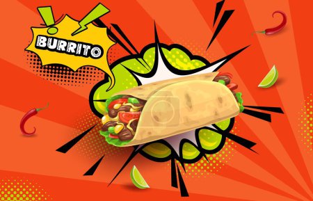 Ilustración de Burbuja retro cómica de medio tono con tex mex burrito mexicano, comida vectorial. Rollo de sándwich de tortilla de dibujos animados o envoltura con ensalada, carne de pollo y verduras picantes, chile y maíz, menú de restaurante mexicano - Imagen libre de derechos