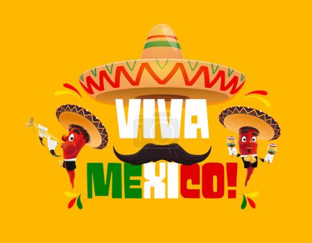 Ilustración de Banner de Viva México con personajes de mariachi chile y sombrero mexicano, fondo vectorial. Cartel de fiesta mexicana o fiesta nacional con divertidos pimientos con maracas y trompeta - Imagen libre de derechos