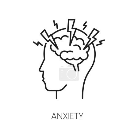 Illustration for Anxiety psychological disorder problem, mental health. Psychotherapy, mental health problem or cognitive disorder outline vector symbol. Human psychology line sign with lighting bolts striking brain - Royalty Free Image