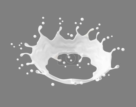 Illustration for Milk cream or yogurt white liquid corona splash. Realistic swirl splash with splatters. Vector fluid dairy product with drops. Milky flow stream, fresh food, calcium production 3d element for ads - Royalty Free Image