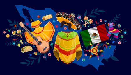 Illustration for Mexico map with national costumes, food and musical instruments, vector mexican travel, tourism and holidays. Cartoon flag, pinata, sombrero and guitar, maracas, chili peppers, tequila, tex mex taco - Royalty Free Image