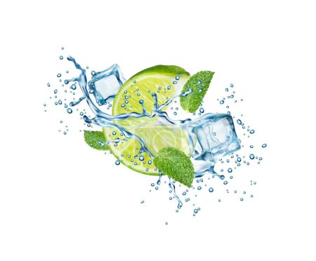 Illustration for Realistic mojito drink splash with lime fruit, ice cubes and mint leaves in water wave, isolated vector. Mojito drink, soda water or lemonade with lime and ice cubes explosion in splashing blue water - Royalty Free Image