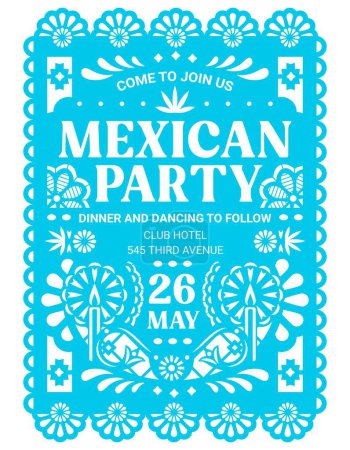 Illustration for Mexican party flyer papel picado paper cut flag banner. Mexico fiesta carnival invitation, vector flag made of blue color paper with perforated pattern of candles, flowers and ethnic latin ornaments - Royalty Free Image