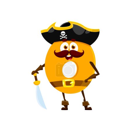 Ilustración de Dibujos animados divertido número cero pirata y personaje de corsario. Número de escuela vectorial aislado 0 capitán, personaje educativo con sombrero tricornio, espada, cara sonriente juguetona y color amarillo brillante - Imagen libre de derechos