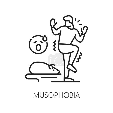 Illustration for Human musophobia phobia icon, mental health. Fear of mice and rats, mental disorder, people psychology problem thin line vector symbol. Human phobia line pictogram or sign with man scared of mouse - Royalty Free Image