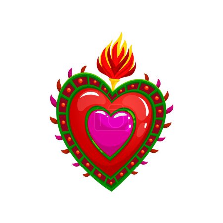 Illustration for Mexican sacred heart tattoo and symbol. Isolated cartoon vector flaming heart pierced by thorns, symbolizes love, passion, and devotion, deeply rooted in culture of Mexico and Catholicism - Royalty Free Image