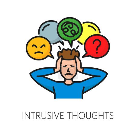 Illustration for Mental health icon, intrusive thoughts psychological disorder problem. Vector sign of man suffering from persistent thought bubbles with swirling tendrils, unwelcome thought that intrude upon the mind - Royalty Free Image
