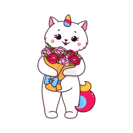 Illustration for Cartoon cute caticorn cat or kitten character with flowers. White unicorn cat or caticorn kitty vector personage with happy face, rainbow horn and tail holding rose flowers bouquet with ribbon bow - Royalty Free Image