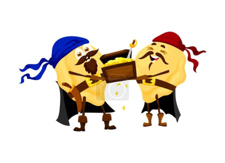Illustration for Cartoon italian pasta pirate or corsair sailors characters with treasure chest, funny vector personages of traditional macaroni food. Orecchiette pasta pirates with swords and wood box full of gold - Royalty Free Image
