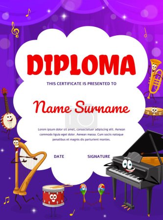 Illustration for Musical diploma with instruments characters on the stage. Musical school or classes education vector diploma or certificate with banjo, harp, drum and maracas, piano, tambourine funny personages - Royalty Free Image