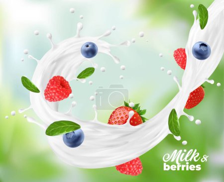 Ilustración de Crema de leche líquida o yogur salpicado con bayas silvestres. Un remolino realista de leche. Leche, batido o yogur 3d vector salpicadura de movimiento congelado con fresas, arándanos, frambuesas y hojas verdes - Imagen libre de derechos