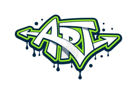 Illustration for ART graffiti, street art or urban style lettering with paint spray on wall, vector artwork. Graffiti word Art in green paint writing with arrows and leak drips on wall for hipster urban graffiti print - Royalty Free Image