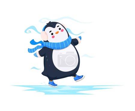 Illustration for Cartoon cute funny penguin character gracefully skates on the icy rink, showcasing its funny and playful nature. Vector northern baby bird adorable personage enjoy skating winter activities and fun - Royalty Free Image