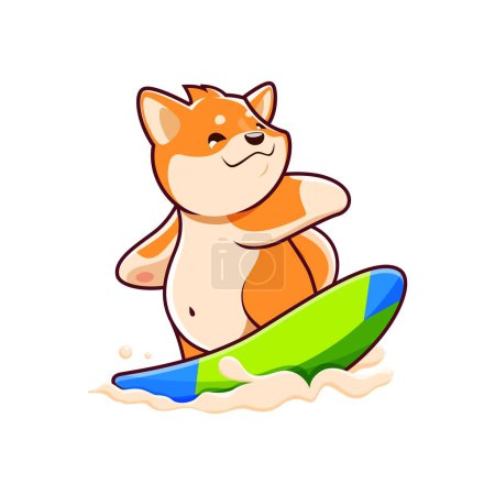 Illustration for Cartoon kawaii cute pet shiba inu dog and puppy character surfing in sea. Vector playful pup riding waves, catching thrill of the ocean while balancing on a surfboard, showcasing adventurous spirit - Royalty Free Image