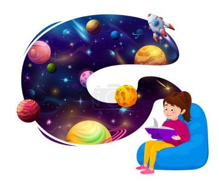 Téléchargez les illustrations : Enfant fille lecture livre et rêver d'espace avec planètes galaxies, vecteur de dessin animé. Enfant fille avec rêve de vol spatial galaxie sur fusée vaisseau spatial aux planètes spatiales dans le ciel étoilé et fantaisie galactique - en licence libre de droit
