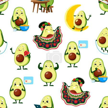 Illustration for Cartoon avocado characters seamless pattern, vector background. Funny cute avocado in Mexican clothes, eating nachos chips with guacamole salsa, working on laptop and sending love message in pattern - Royalty Free Image