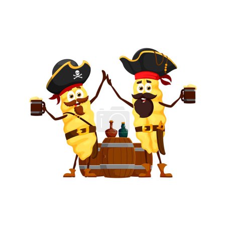 Illustration for Cartoon funny Malloreddus italian pasta pirate and corsair characters. Isolated vector jolly noodle personages sporting beards and tricorn hats, enjoy sipping rum with a mischievous grin and high-five - Royalty Free Image
