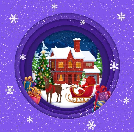 Illustration for Christmas paper cut cartoon winter house, Santa on sleigh and holiday decorations. Vector 3d papercut art layered round frame with funny Father Noel sitting in deer sled front of cottage at xmas eve - Royalty Free Image